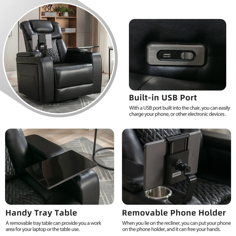 270 Degree Swivel Power Recliner With Tray Table, Phone Holder, Cup Holder, USB Port by HouseOfZazla