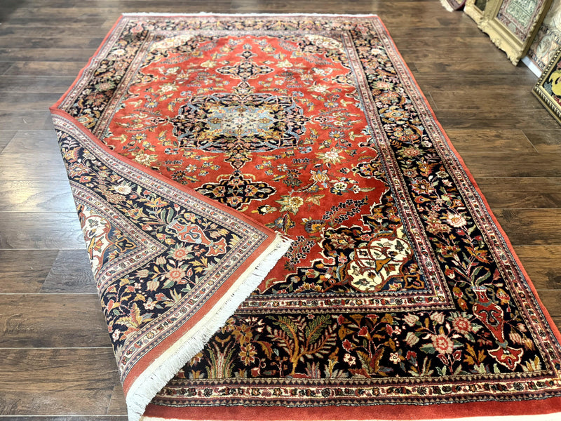 Indo Persian Rug 7x10, Vintage Handmade Wool Carpet, Floral Medallion Traditional Rug, Red and Midnight Blue by Jewel Rugs