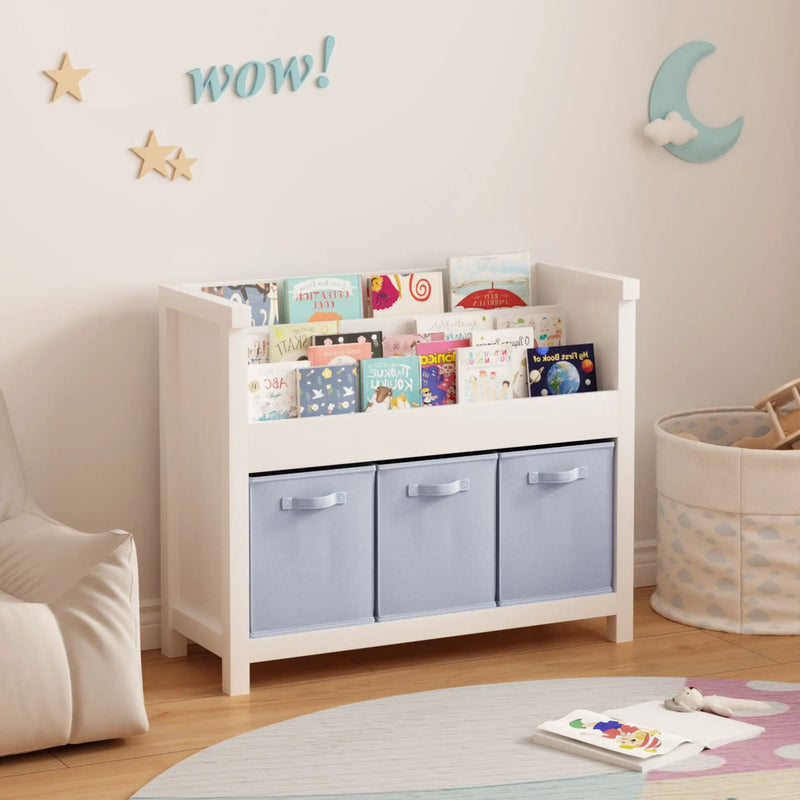 Bookshelf With 3 Tier Front Facing Storage And 3 Bins, Toddler Bookcase For Playroom - White by HouseOfZazla