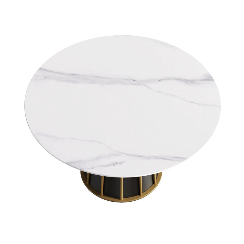 53.15" Modern Artificial Stone Round Panel Metal Iron Base Dining Table, Can Accommodate 6 People, (Not Including Chairs) - White / Black by HouseOfZazla