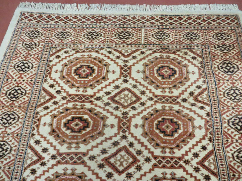 4' X 7' Vintage Handmade Pakistani Turkoman Bokhara Balouch Woven Wool Rug Ivory by Jewel Rugs