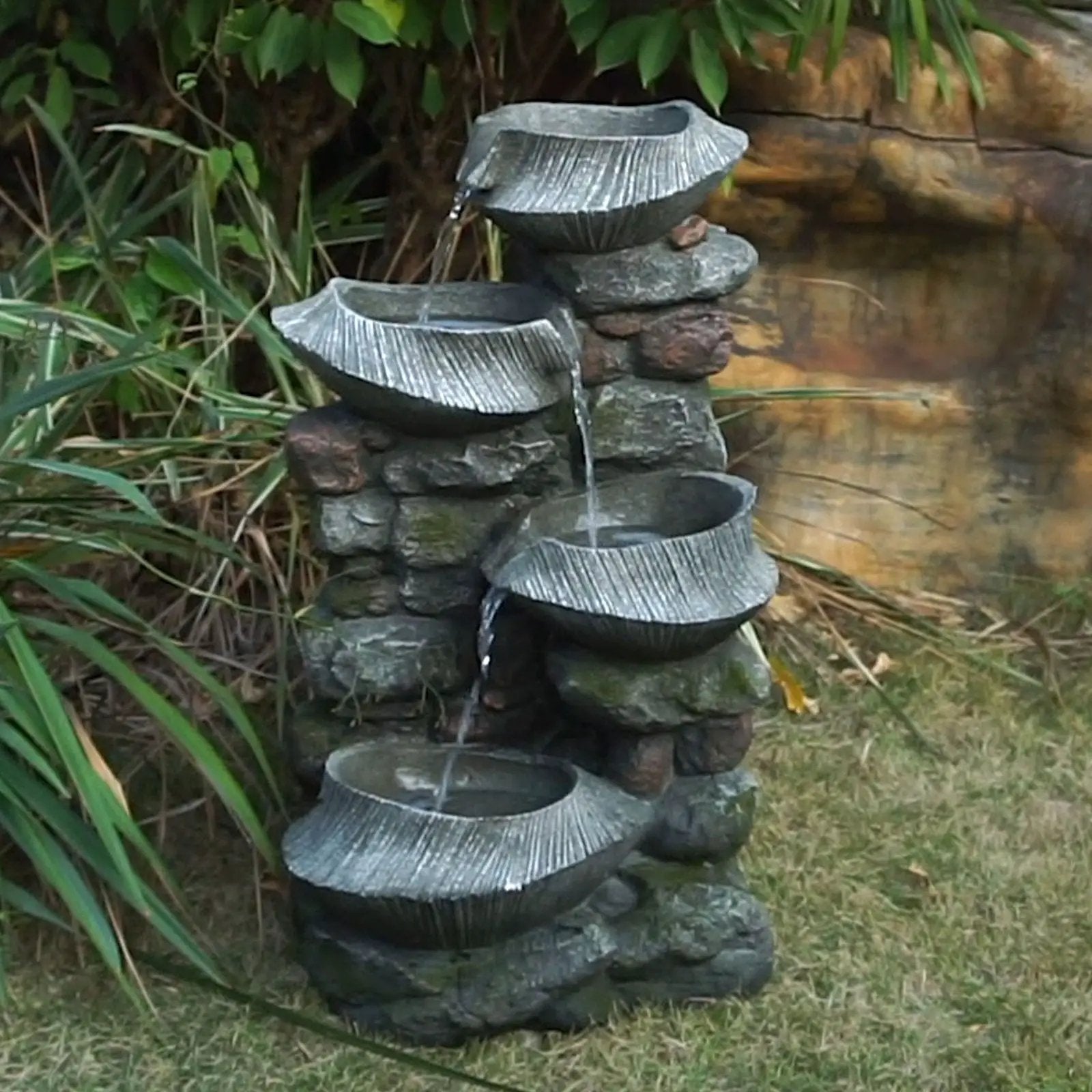 Indoor Outdoor Stone Water Fountain, 4 Tier Polyresin Cascading Rock Bowl Freestanding Fountain With LED Ligh - Gray by Unique Piece Furniture