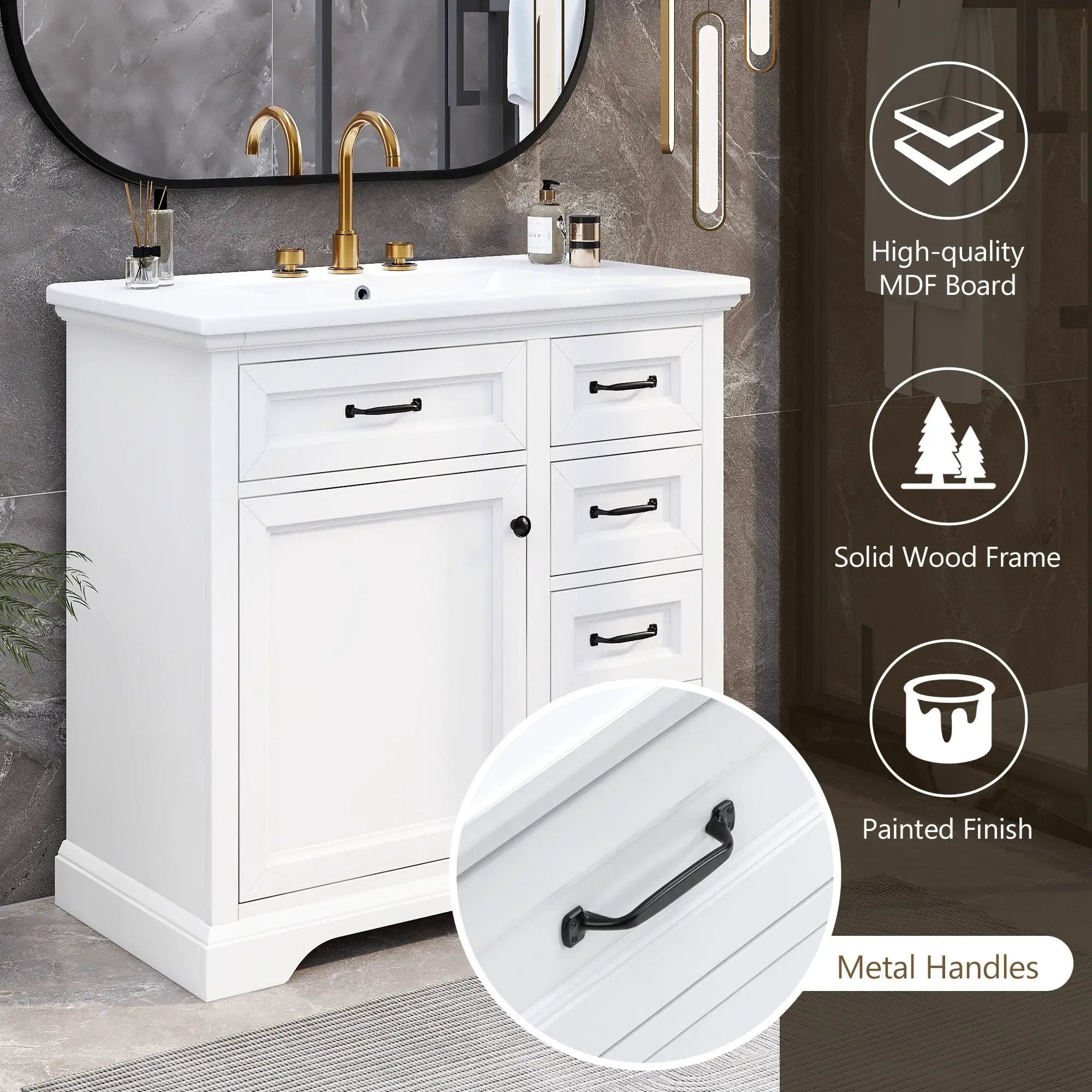 36" Bathroom Vanity With Sink, 2 Tip-Out Drawers, Soft Close Hinges by HouseOfZazla