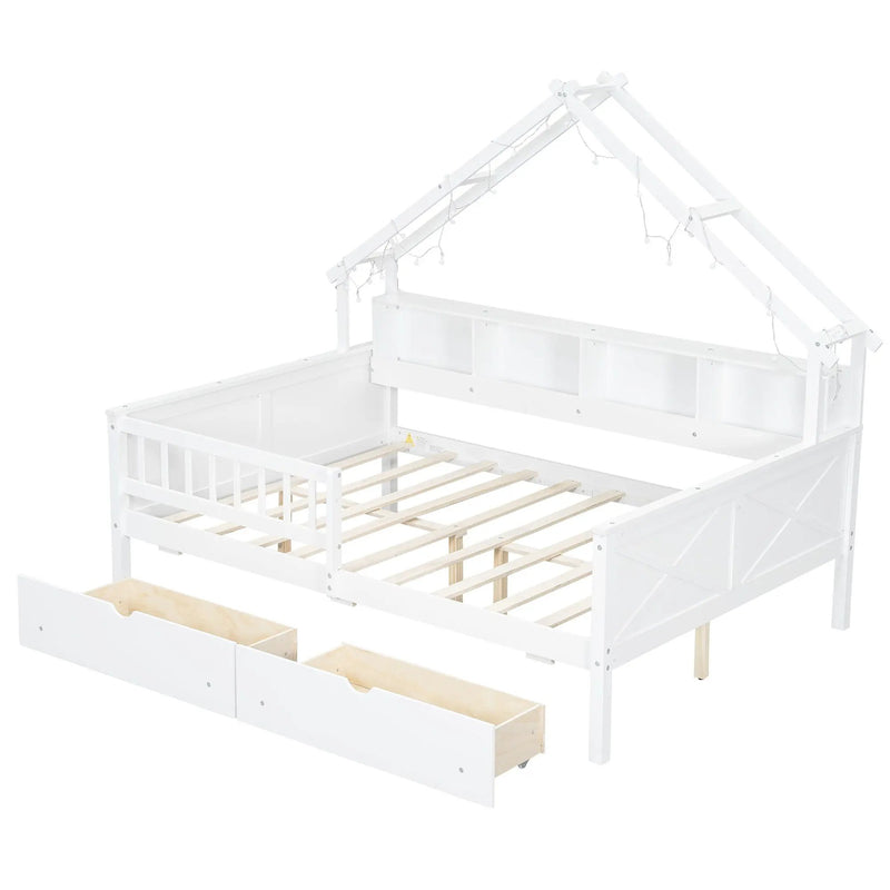 House Style Platform Bed With LED Lights, Storage Shelves, Drawers, And Guardrail by HouseOfZazla