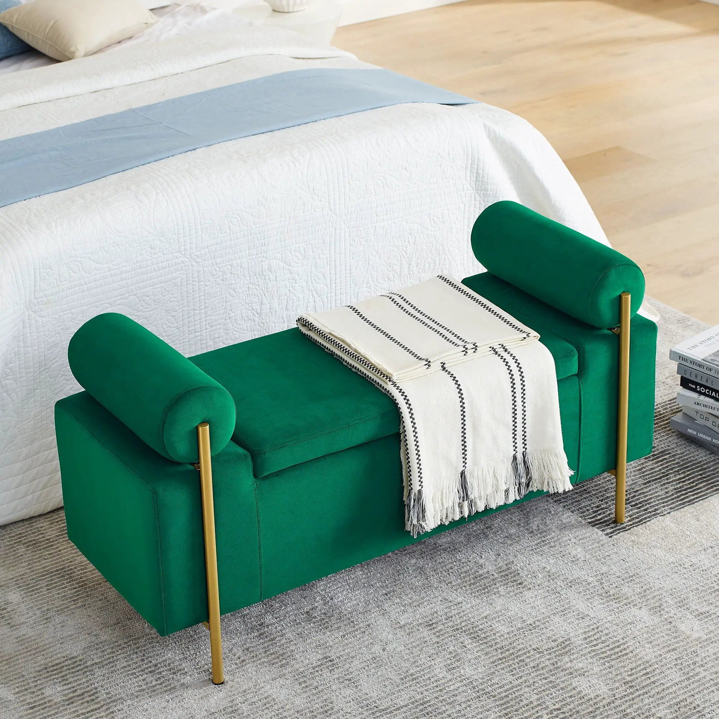 Elegant Upholstered Storage Bench With Cylindrical Arms And Iron Legs, by Unique Piece Furniture
