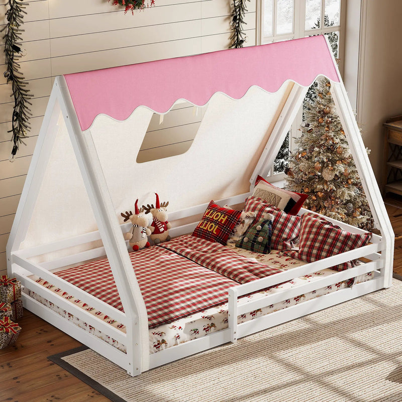 Full Size House Floor Bed with Tent and Light by HouseOfZazla