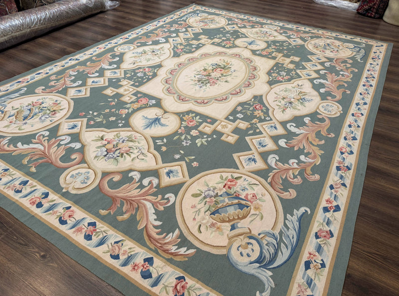 Aubusson Rug 9x12, Muted Sage Green and Cream, European Design by Jewel Rugs