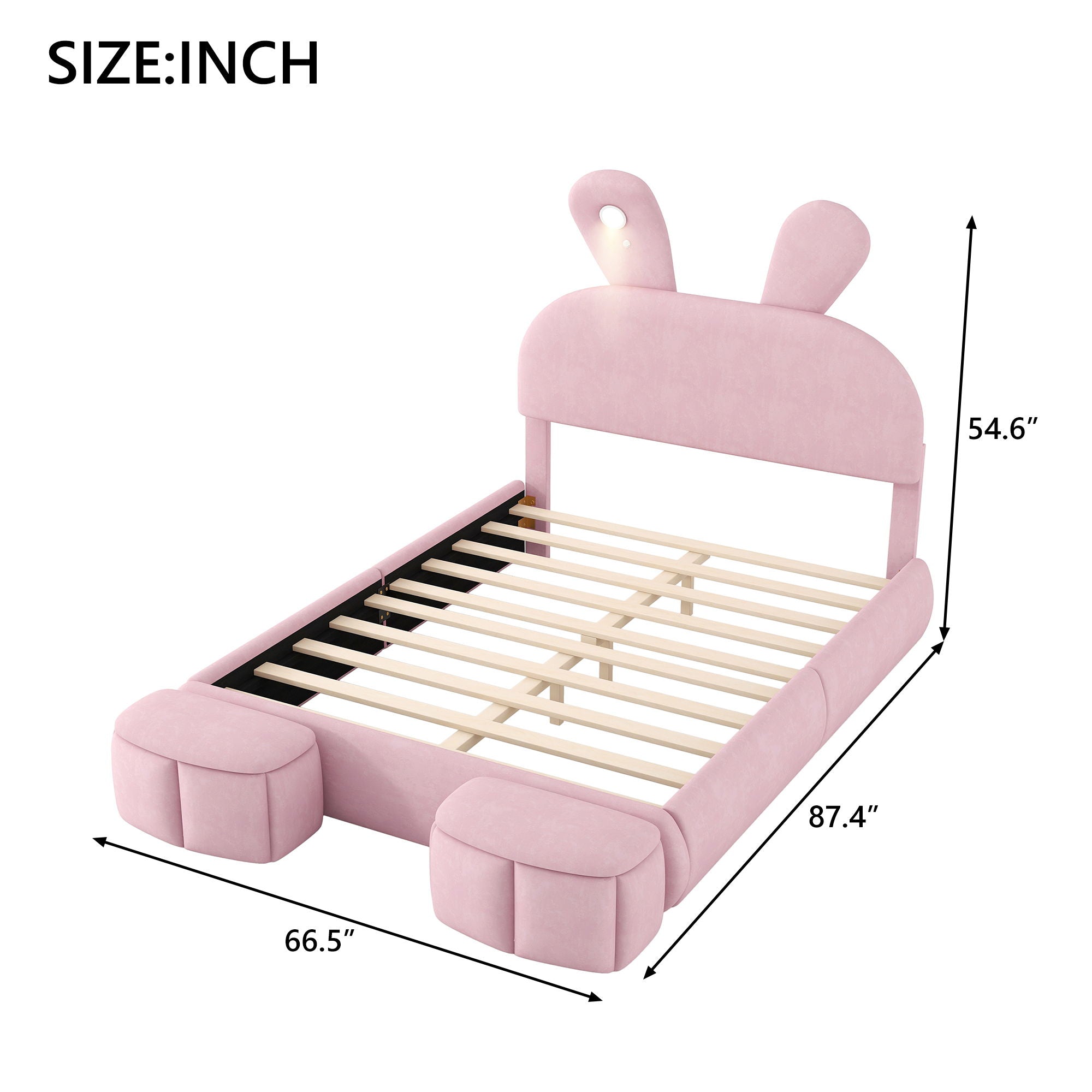 Full Upholstered Platform Bed With Cartoon Ears Headboard And LED Light - Pink by HouseOfZazla
