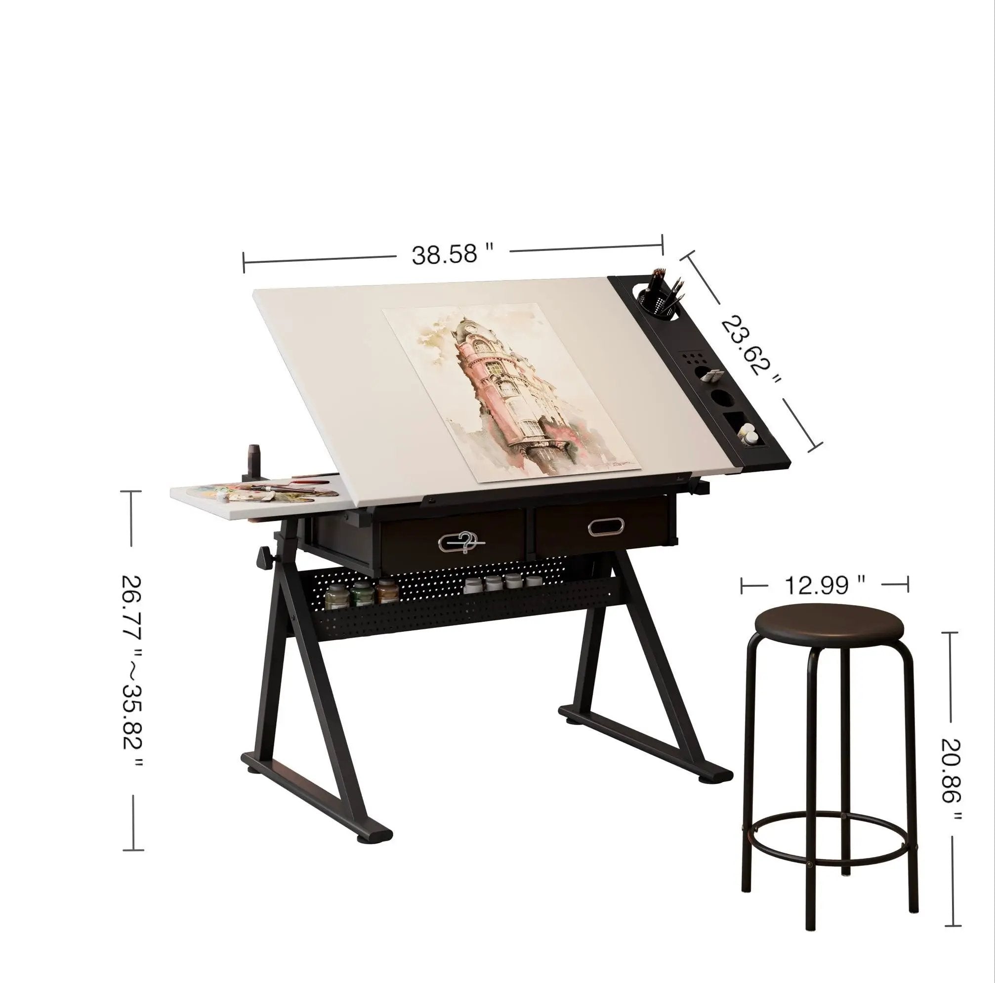 Adjustable Drawing Drafting Table Desk with 2 Drawers by HouseOfZazla