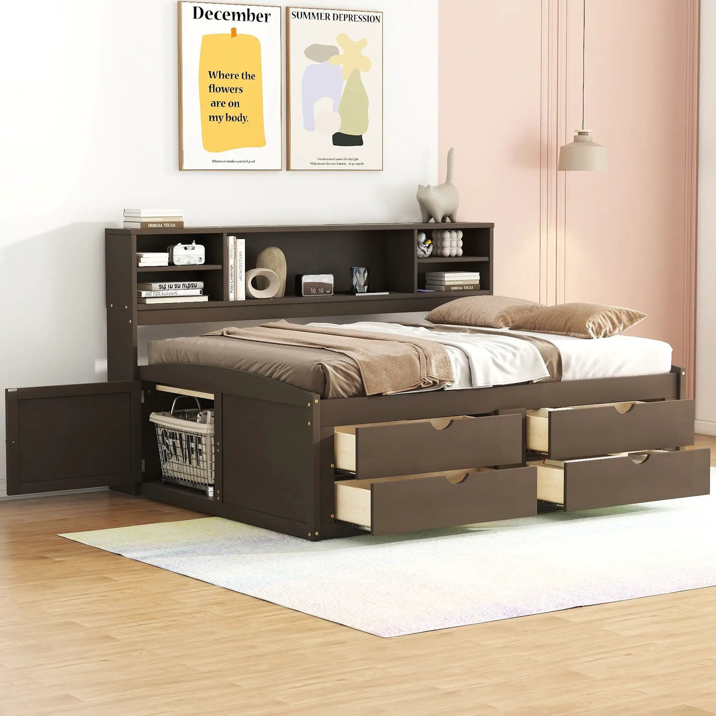 Daybed With 2 Bedside Cabinets, Upper Shelves And 4 Drawers by Unique Piece Furniture