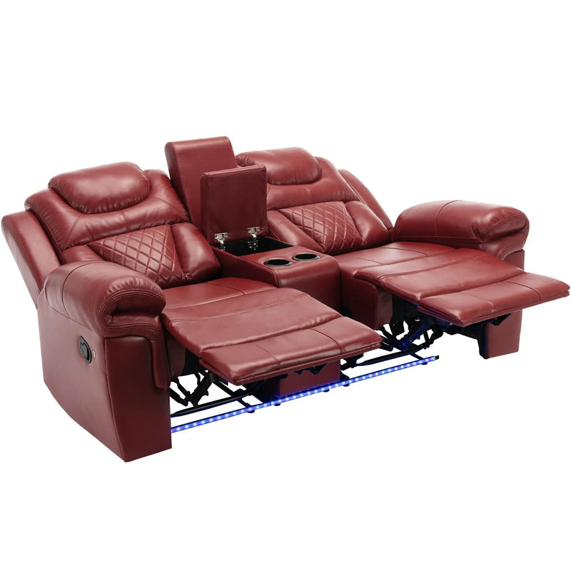 Home Theater Seating Manual Recliner Loveseat With Hide-Away Storage, Cup Holders And Led Light Strip For Living Room by HouseOfZazla