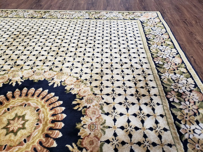 Indian Rug with Tibetan Weave, 6x8 - 6x9 Rugs, Indo-Tibetan Rug, Black and Cream Beige Tan, Floral Border, Soft Rug, Handmade Area Rug, Wool by Jewel Rugs