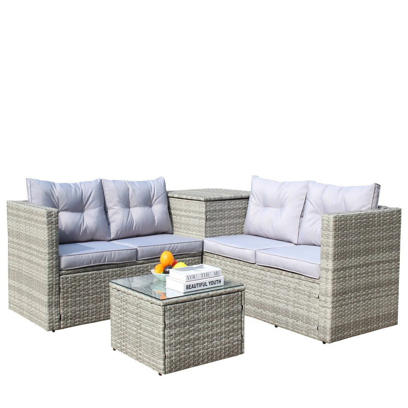 4 Piece Patio Sectional Wicker Rattan Outdoor Furniture Sofa Set with Storage Box Grey by HouseOfZazla