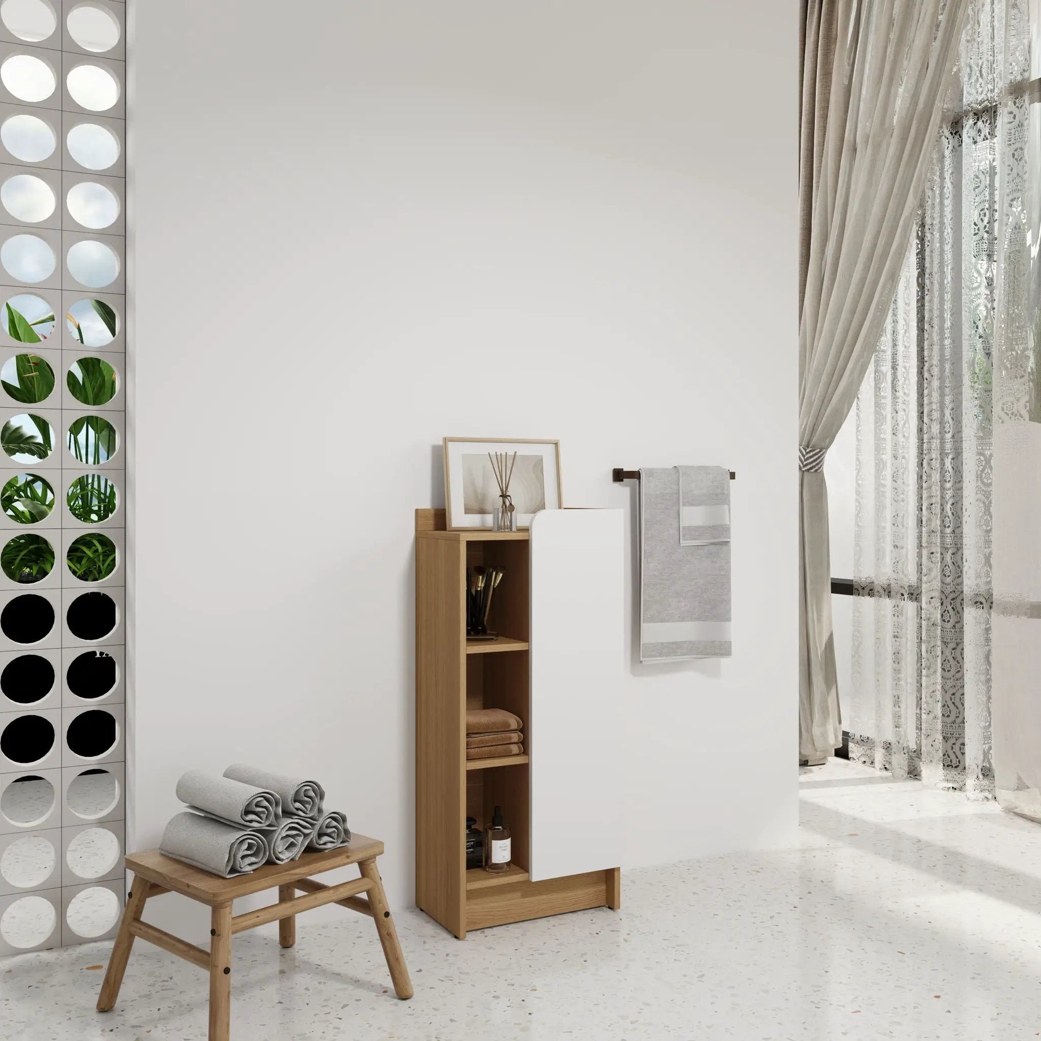 Freestanding Bathroom Side Cabinet, Narrow Storage Cabinet With Single Door & 3 Tier Open Shelves - Black / Light Oak / White by Unique Piece Furniture