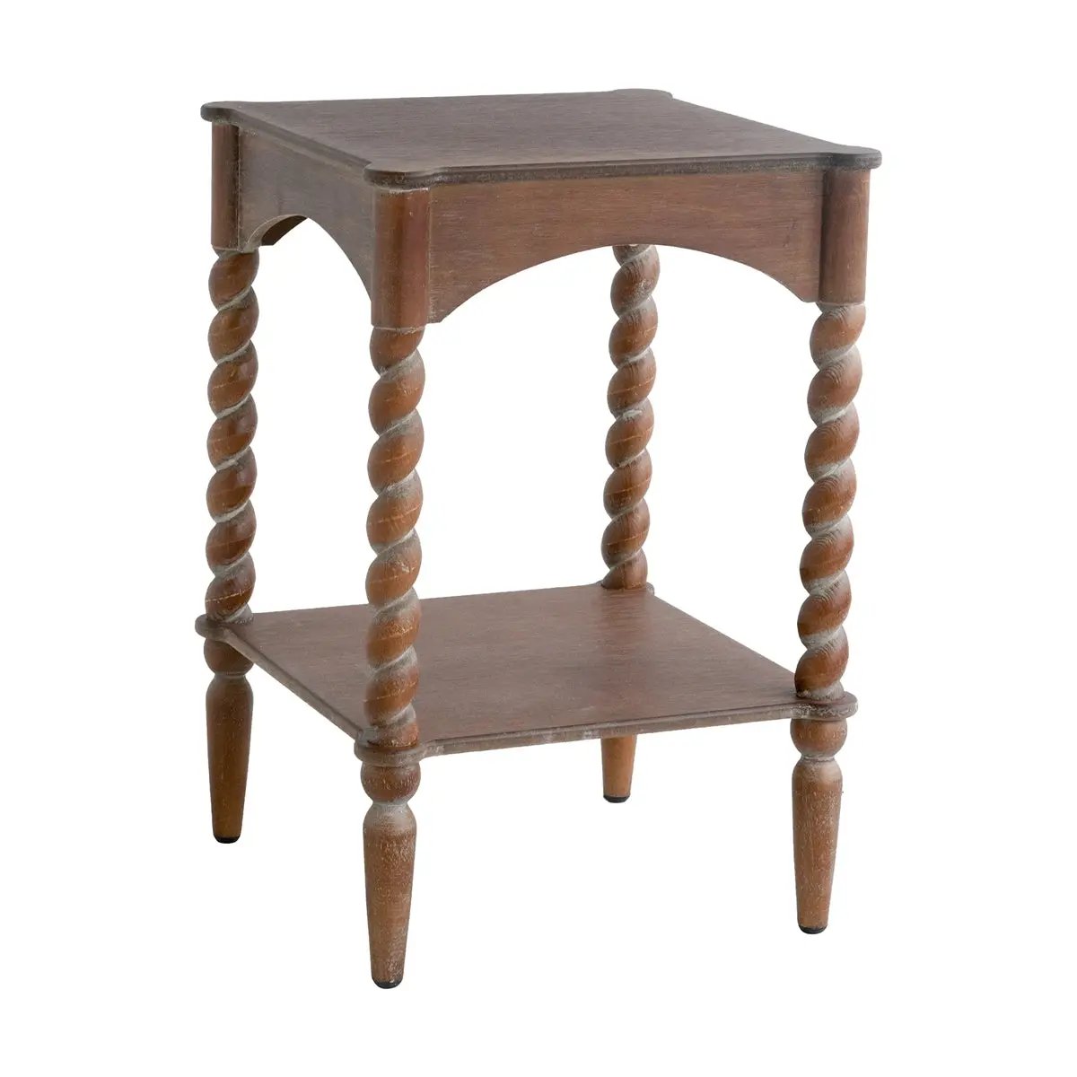 15.5x15.5x23.5' Distressed Brown Wood Side Table with Turned Spiral Legs and Lower Shelf by HouseOfZazla