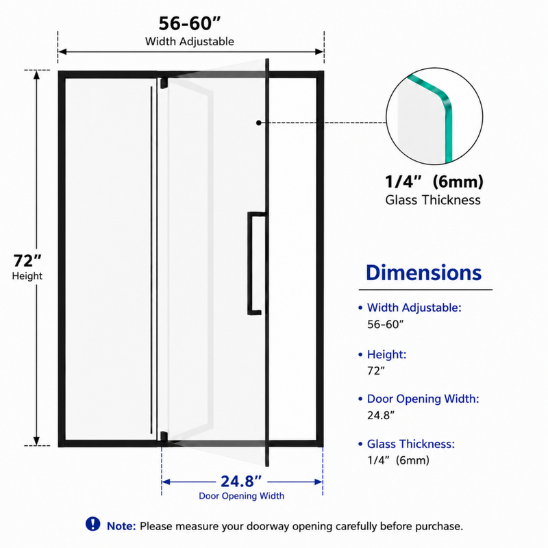 Semi-Frameless Pivot Hinged Glass Shower Door 56-60 in W x 72 in H, Matte Black by HouseOfZazla