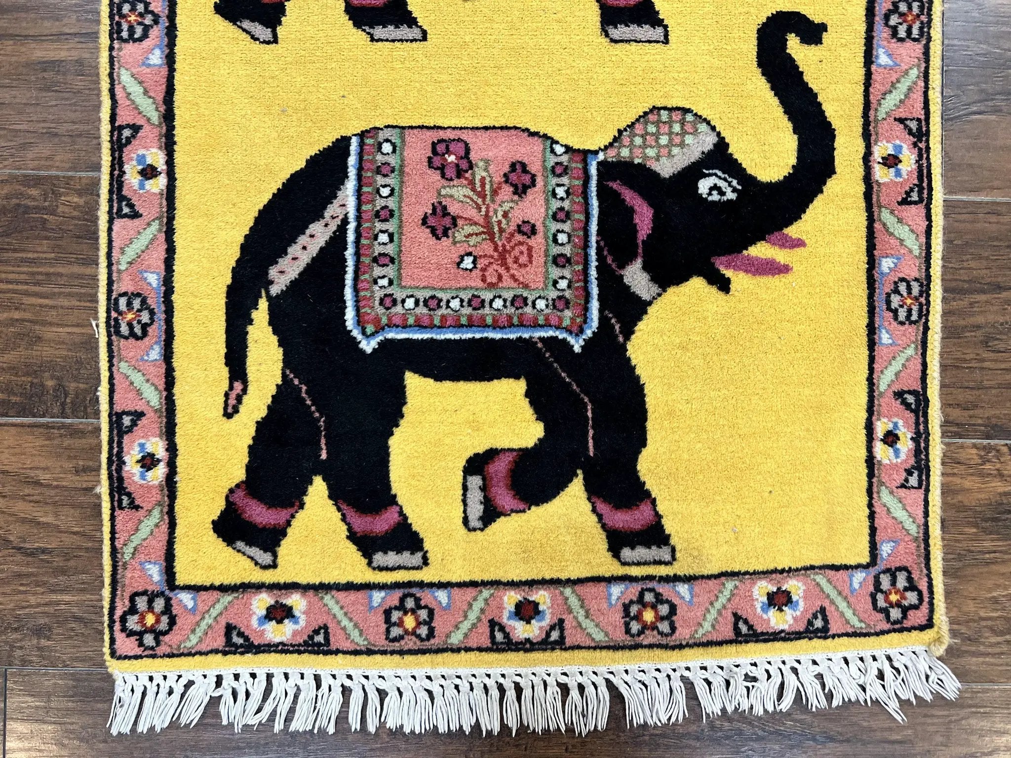 Unique Indian Pictorial Rug 2x3, Small Wool Hand Knotted Oriental Carpet, Yellow, Two Elephants, Handmade by Jewel Rugs