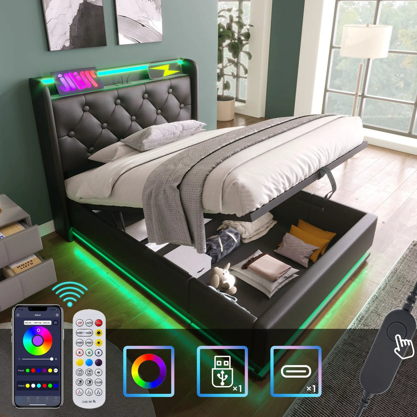 Upholstered Bed, 360 Surround LED Function, Remote Control, Hydraulic Storage Bed With USB, Type-C Charging (Without Mattress) by Unique Piece Furniture