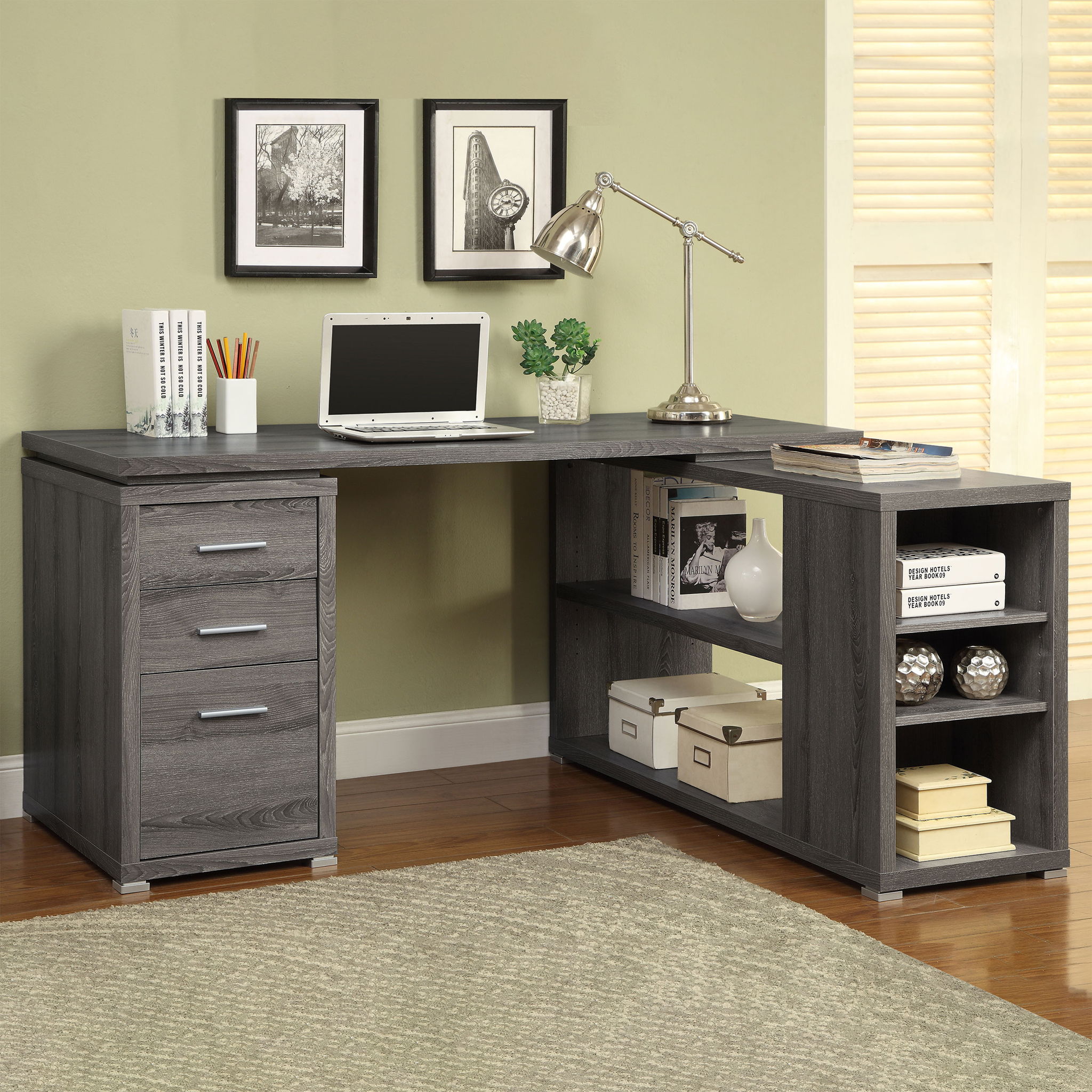 Tona - L-Shape Computer Desk With 3 Drawers And 5 Shelves by HouseOfZazla