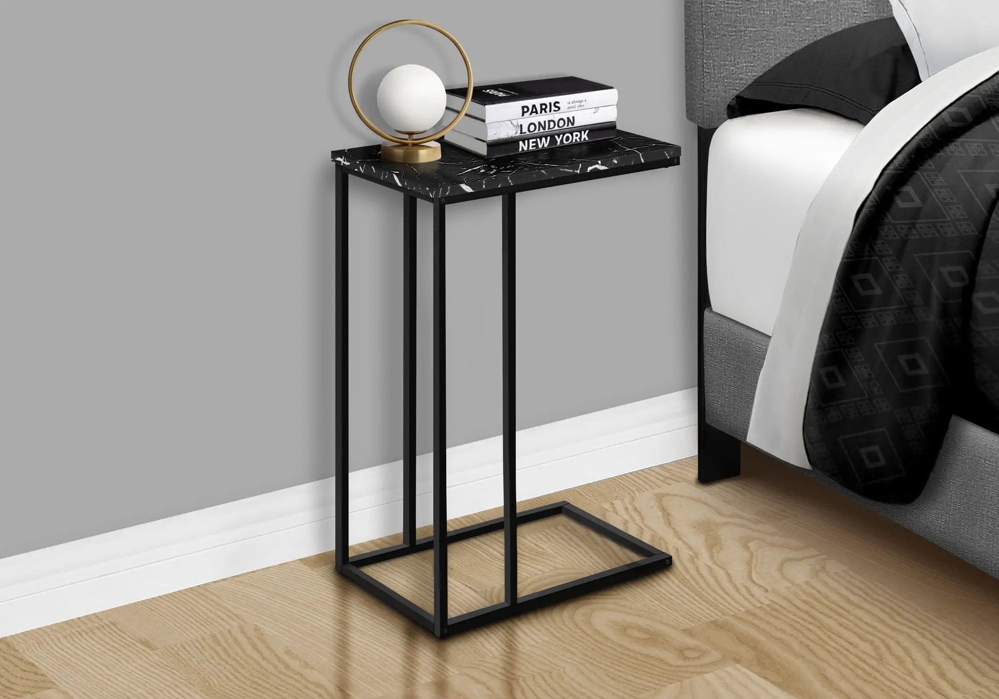 Accent Table, C - Shaped, Marble Look Modern Design - Black by Unique Piece Furniture