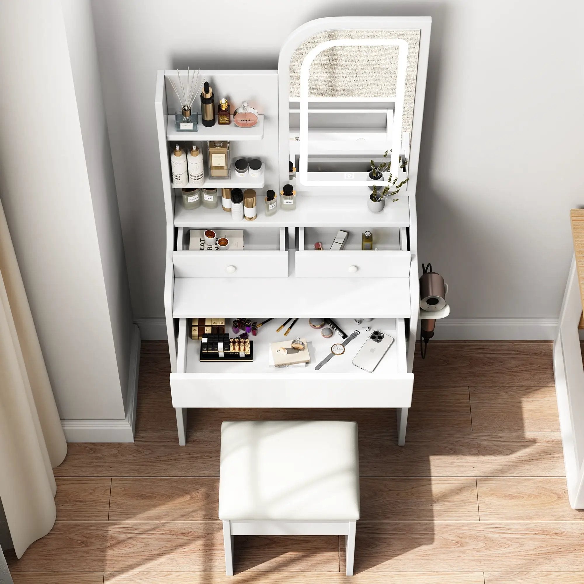 Fashion Vanity Desk With Mirror And Lights For Makeup, Hair Dryer Holder And Chair, Adjustable Lighting - White by HouseOfZazla