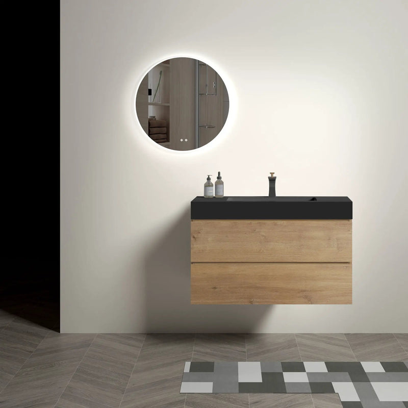 Alice - Natural Oak Bathroom Vanity With Sink, Large Storage Wall Mounted Floating Bathroom Vanity For Modern Bathroom, One-Piece Sink Basin Without Drain by Unique Piece Furniture