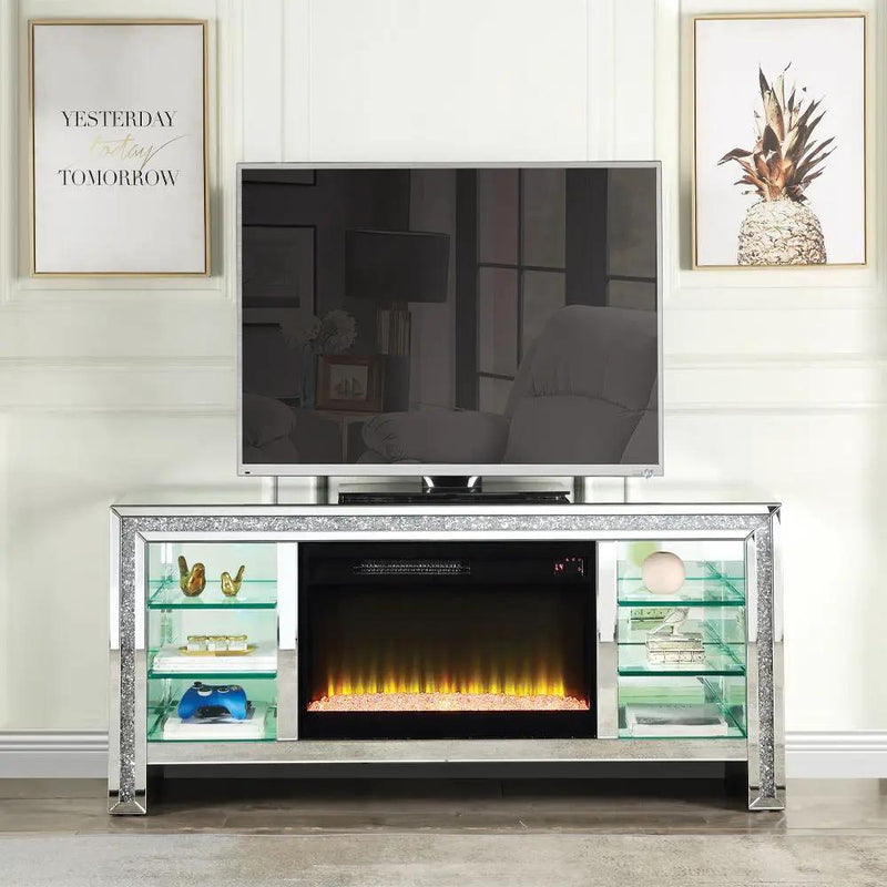 Noralie - 28" TV Stand With Fireplace & LED - Mirrored & Faux Diamonds by Unique Piece Furniture
