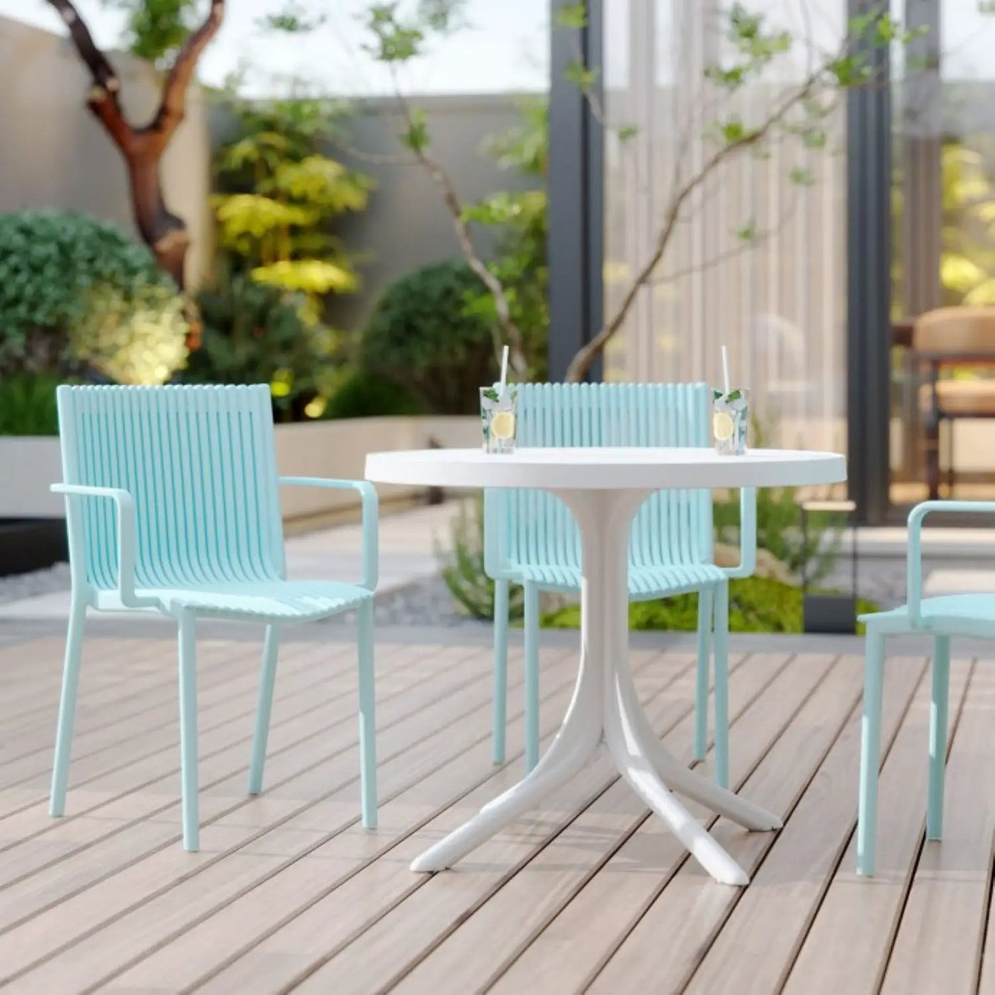 4 Modern Stackable Plastic Armchair Matched With Round Table by HouseOfZazla