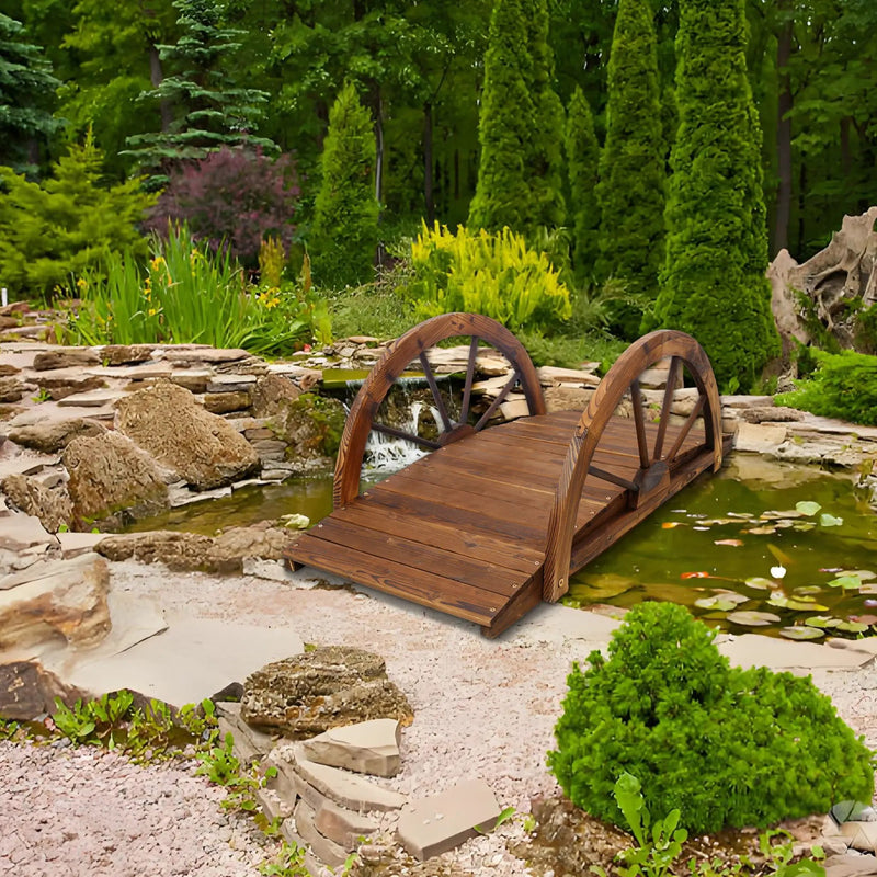 Wooden Garden Bridge Arc Footbridge With Half Wheel Railings Solid Fi - Brown by HouseOfZazla