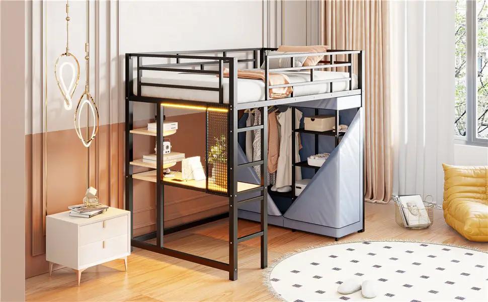Loft Bed With Desk, Shelves, Power Outlet, LED Light And Wardrobe by HouseOfZazla