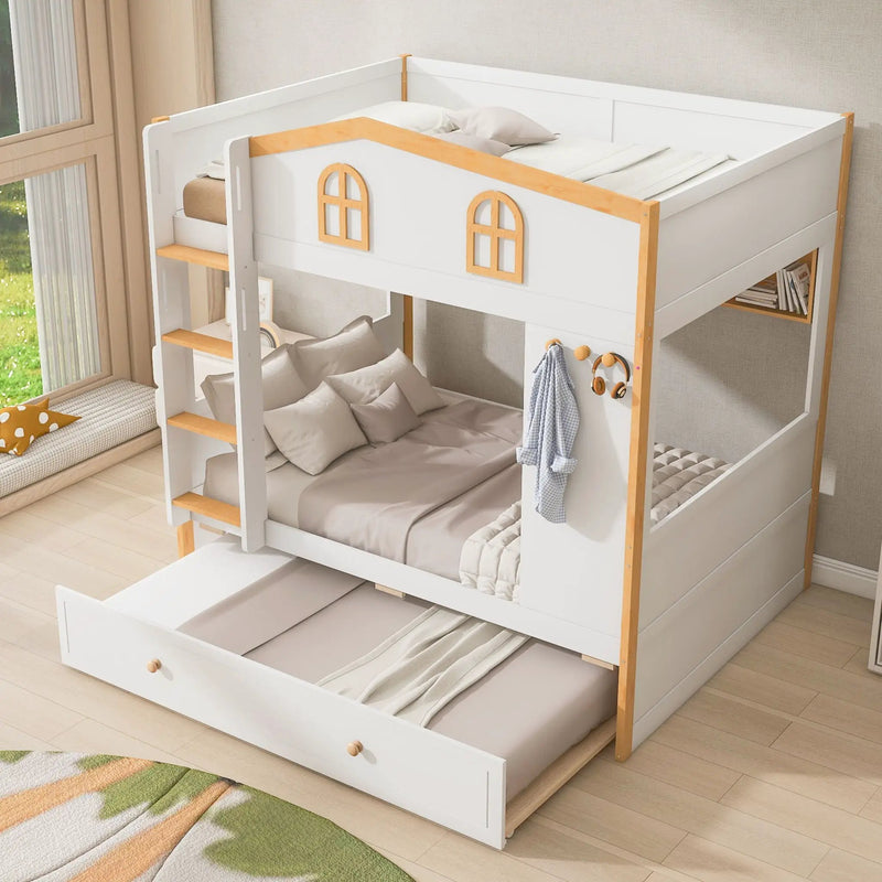 Bunk Bed With House Shaped Guardrails, Storage Shelves, And Trundle by HouseOfZazla
