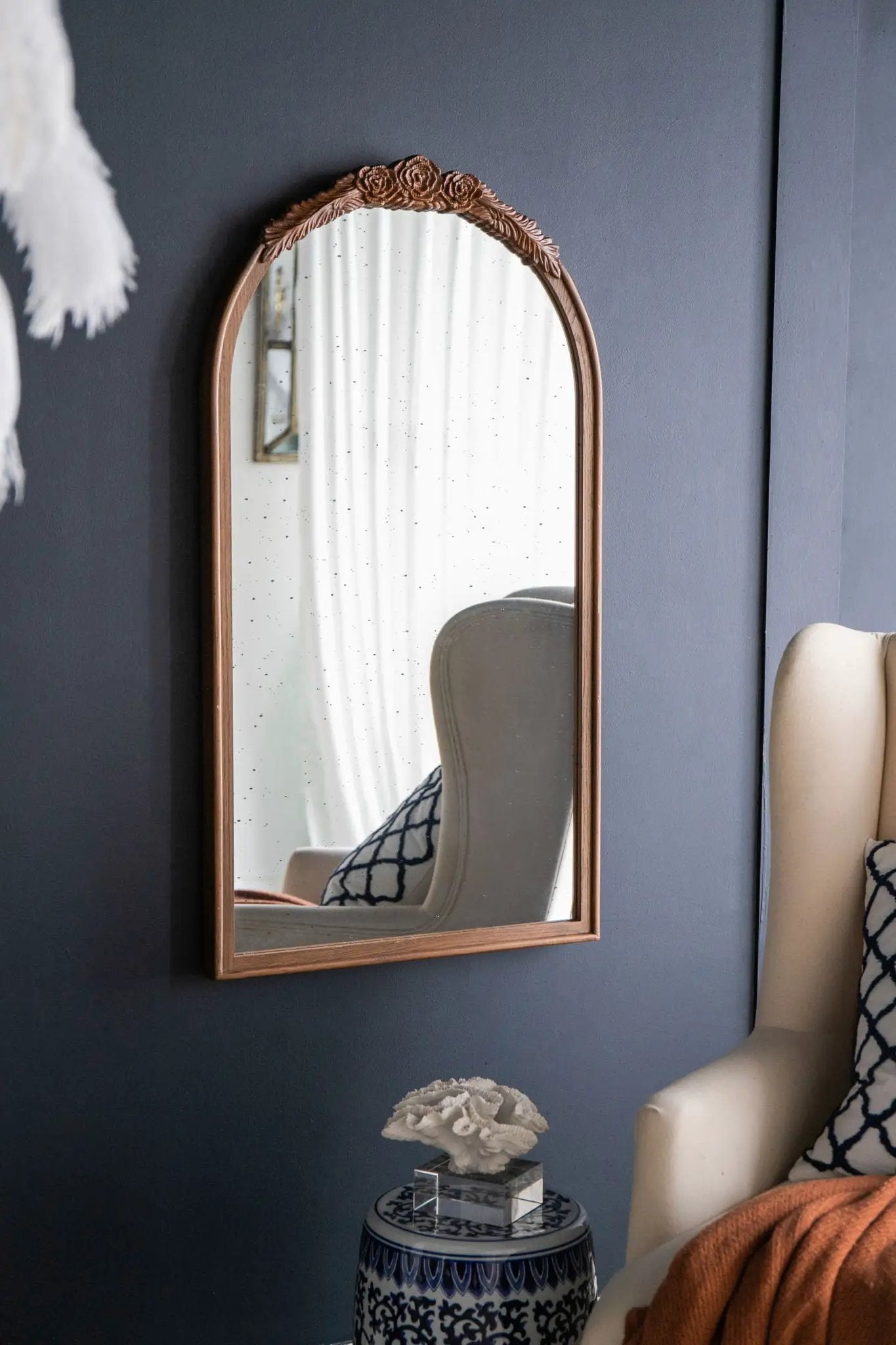 Hand Carved Rose Antique Mirror Frame, Wood Arch Mirror Wall Decor For Living Room by Unique Piece Furniture