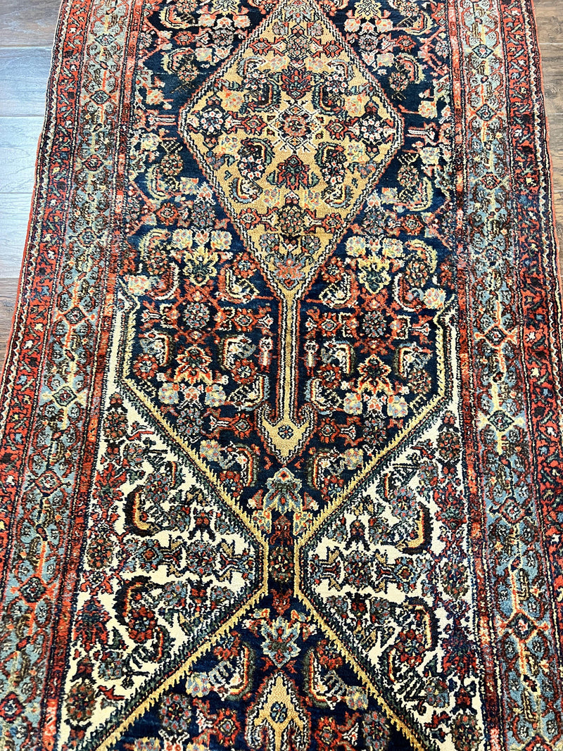 Antique Persian Runner Rug 3.7 x 15.8, Navy Blue Multicolor, Hand Knotted Handmade Wool Rug for Hallway, Geometric Medallions, Persian Hamadan Rug by Jewel Rugs