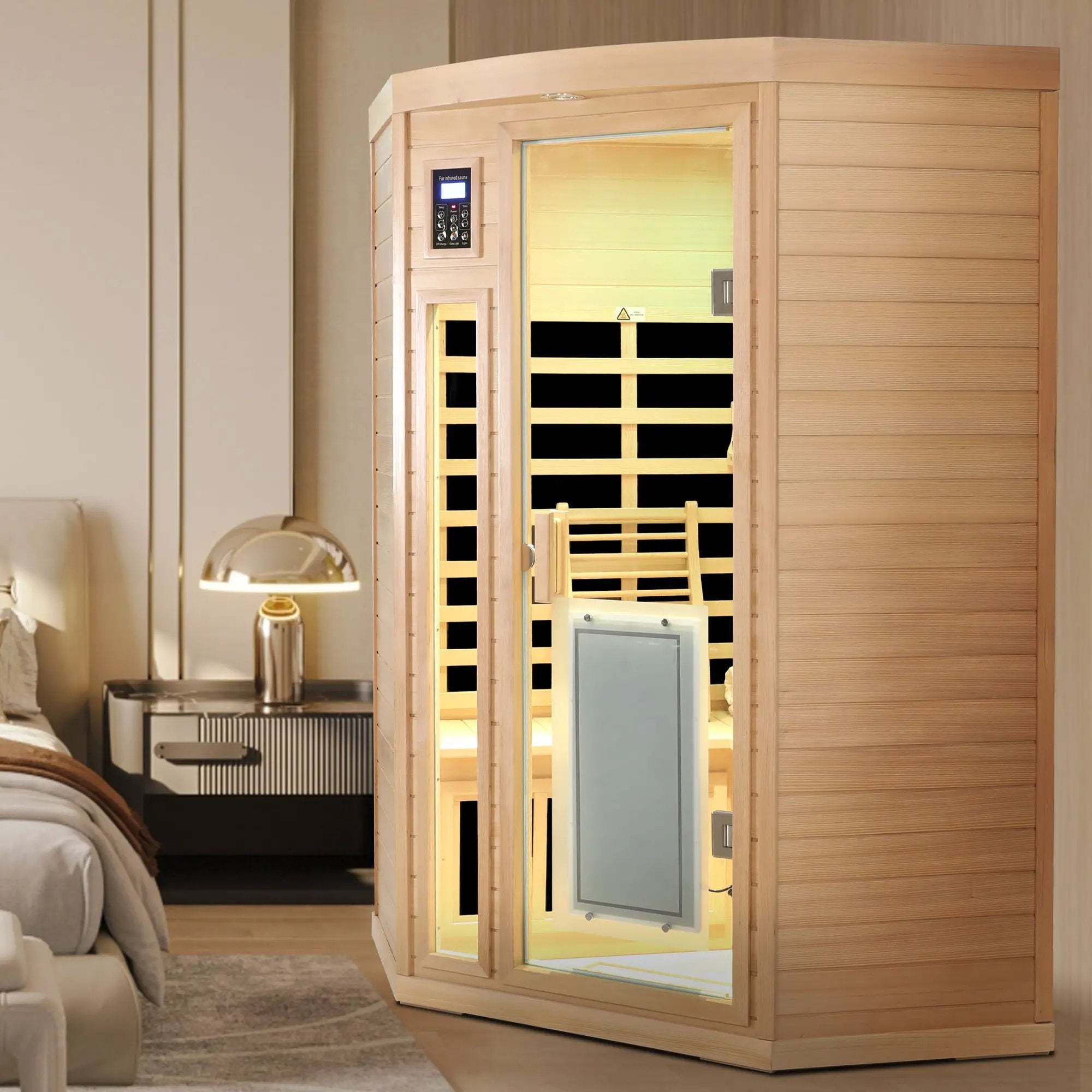 Low Emf Front Door With Heating Panel 2 Persons Hemlock Far Infrared Corner Indoor Sauna Room - Natural by HouseOfZazla