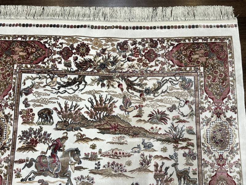 Turkish Silk Hunting Scene Rug 4x6, Ivory, Bamboo Silk, New by Jewel Rugs