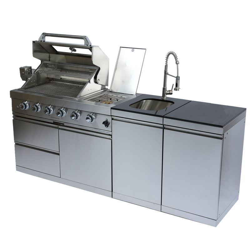 NG 85" 4-Burner 72,000 BTU Silver Outdoor Kitchen Island Grill + Side B & Storage Cabinets & Sink by Chery Industrial
