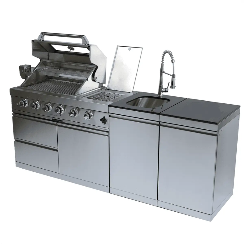 NG 85" 4-Burner 72,000 BTU Silver Outdoor Kitchen Island Grill + Side B & Storage Cabinets & Sink by Chery Industrial