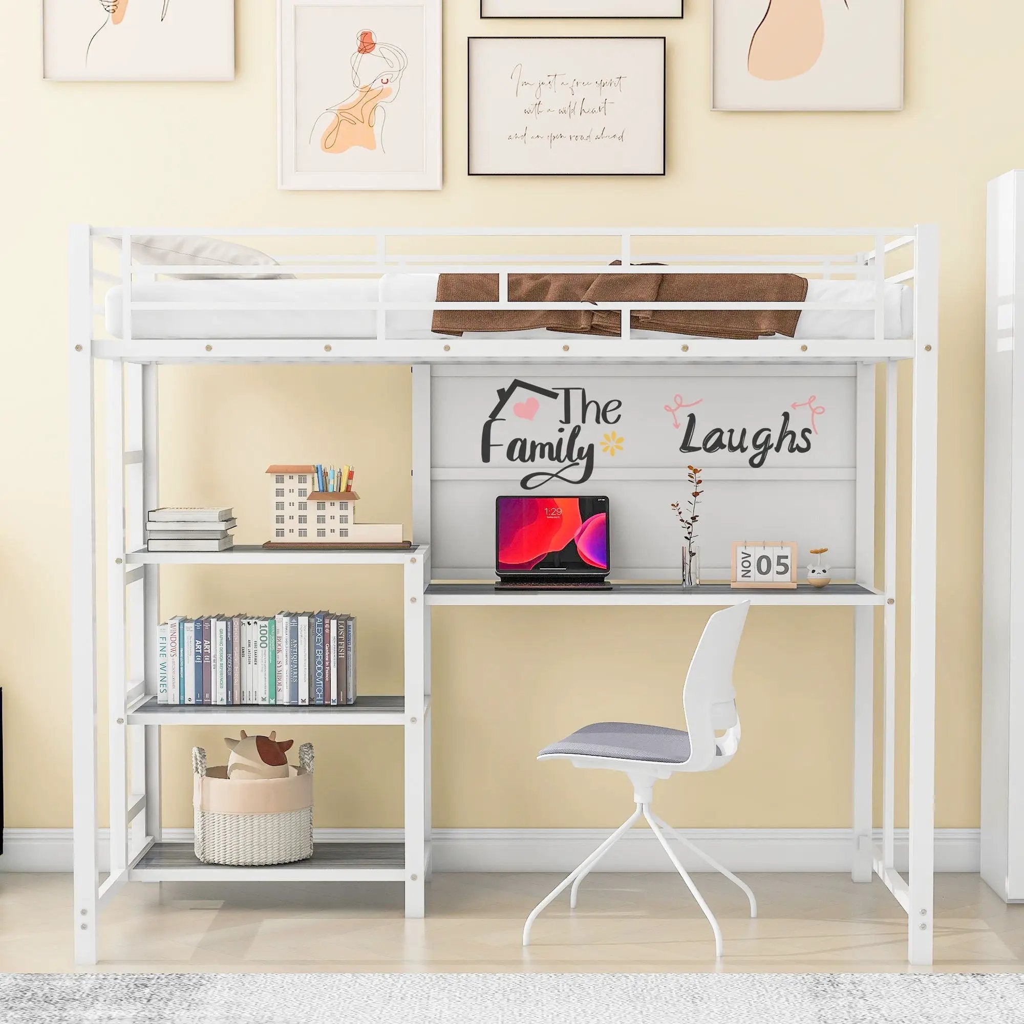 Metal Loft Bed With Desk, 3 Shelves And Ladder by HouseOfZazla