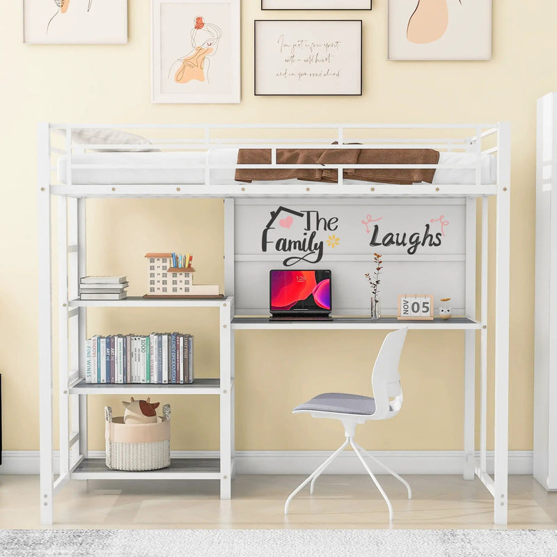 Metal Loft Bed With Desk, 3 Shelves And Ladder by HouseOfZazla