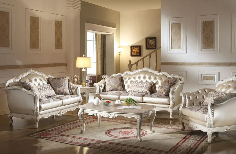 Chantelle - Sofa With 3 Pillows - Rose Gold Synthetic Leather /Fabric & Pearl White by Unique Piece Furniture