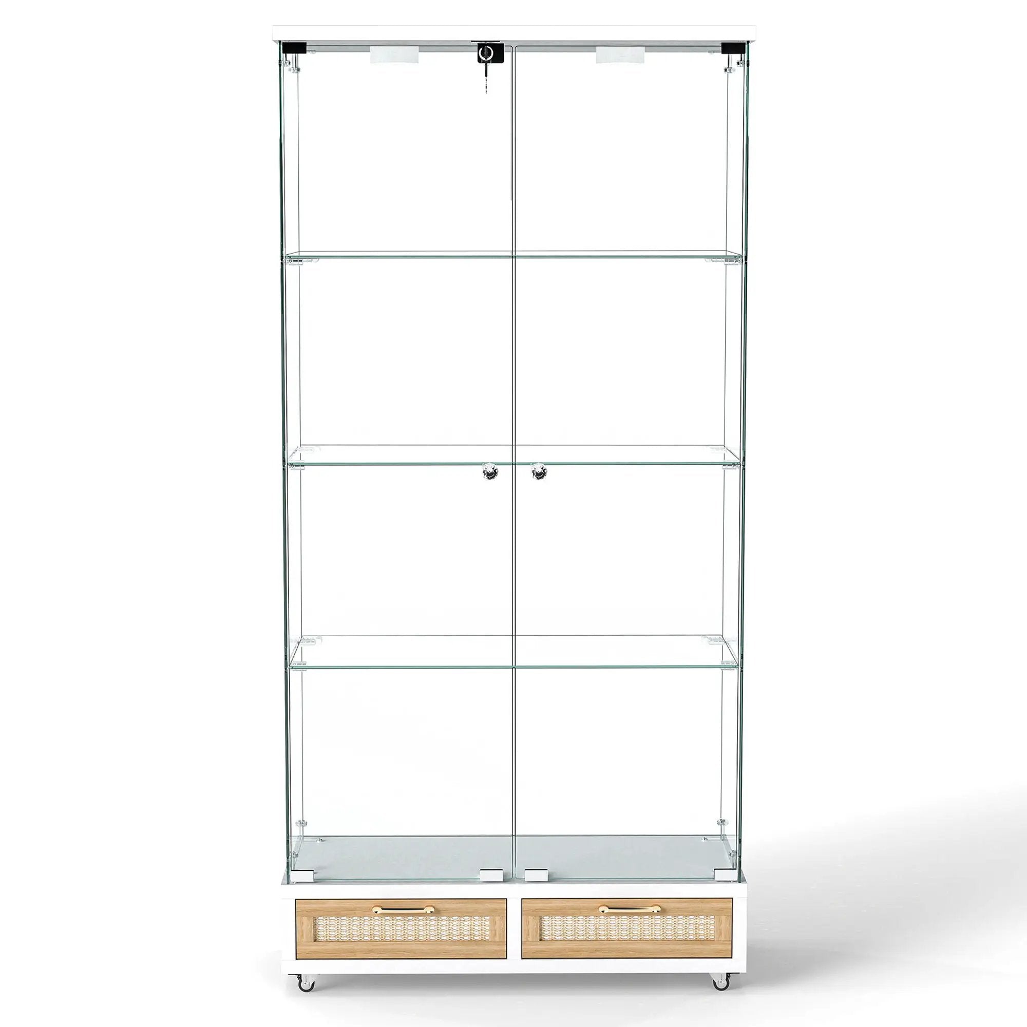 Glass Display Cabinet With LED Lights, Tempered Glass Doors, Large Drawers, 2 Door Storage Case With 4 Shelves - Natural / White by HouseOfZazla