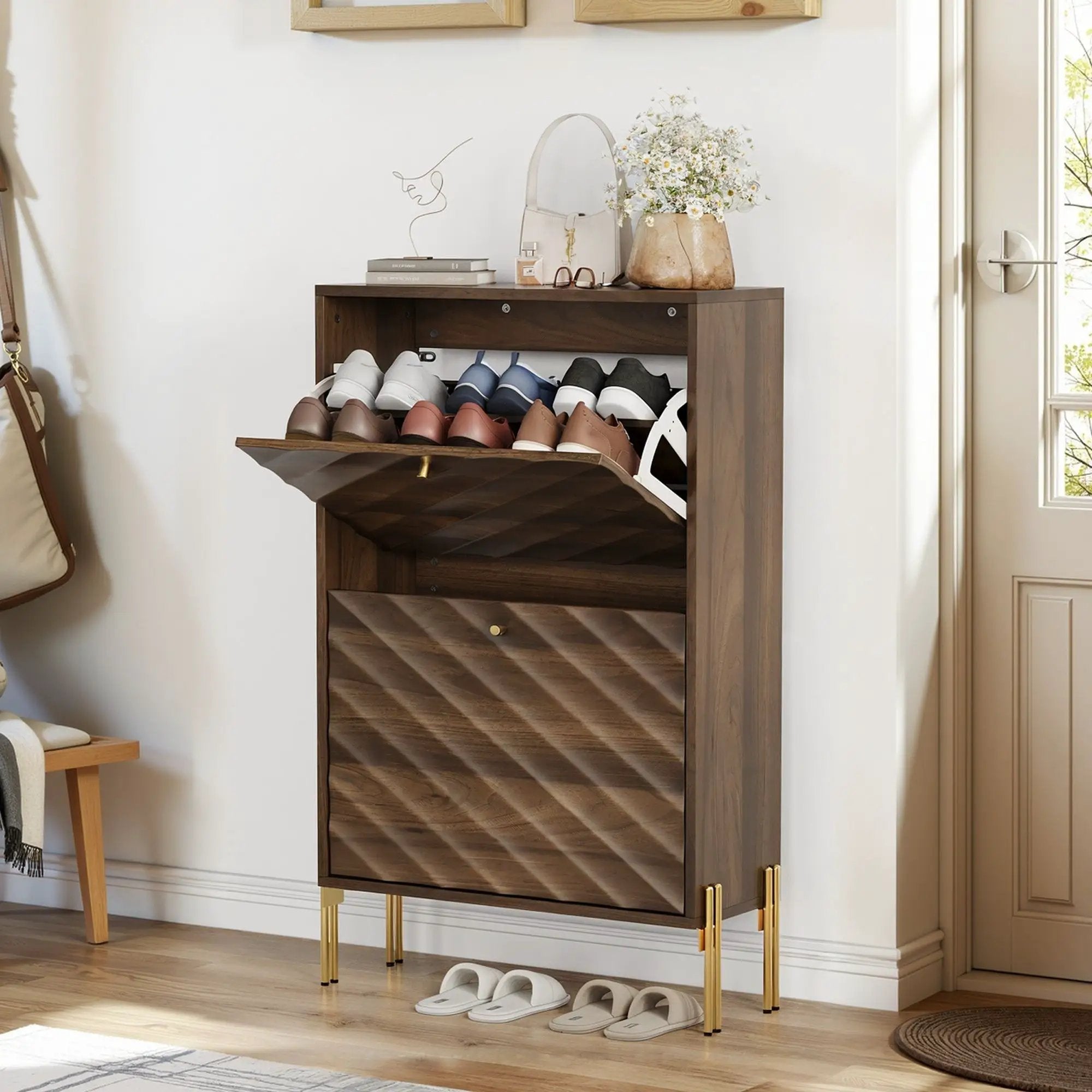 Shoe Cabinet, Freestanding Organizer For Entryway - Walnut by HouseOfZazla