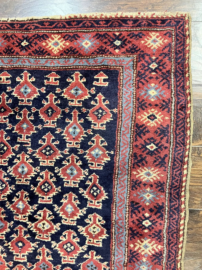 Turkish Sparta Rug 3x4, Allover Pattern, Navy Blue and Red, Antique Ispara Oriental Carpet 3 x 4, Small Turkish Handmade Vintage Wool Rug by Jewel Rugs