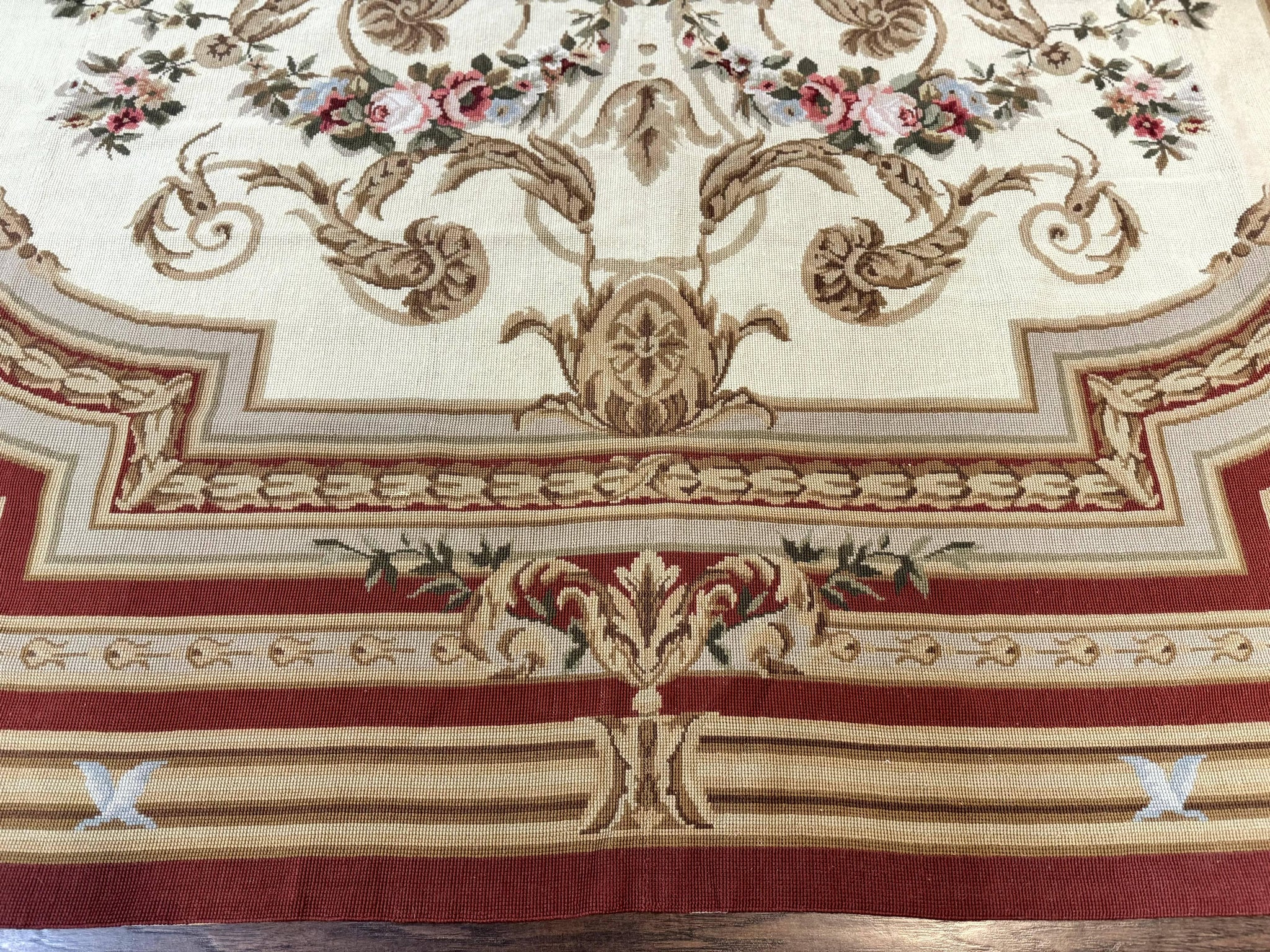 Aubusson Needlepoint Rug 9x11, Handmade Vintage Wool Flatweave Carpet, Elegant European Rug, Floral, Cream by Jewel Rugs