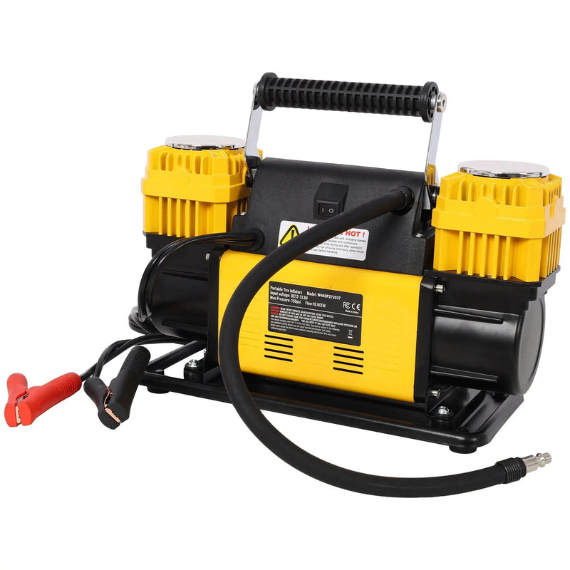 Heavy Duty 12V Dual Cylinder Air Compressor, Tire Inflator With Gauge - Yellow / Black by HouseOfZazla