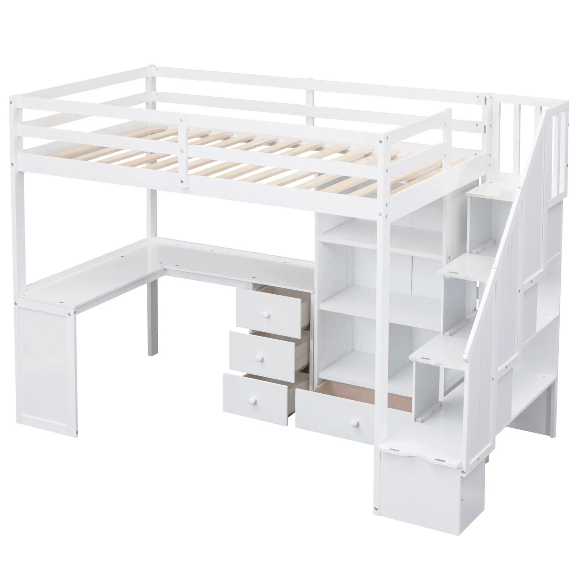 Loft Bed With L Shaped Desk, Drawers, Cabinet, And Storage Staircase by Unique Piece Furniture