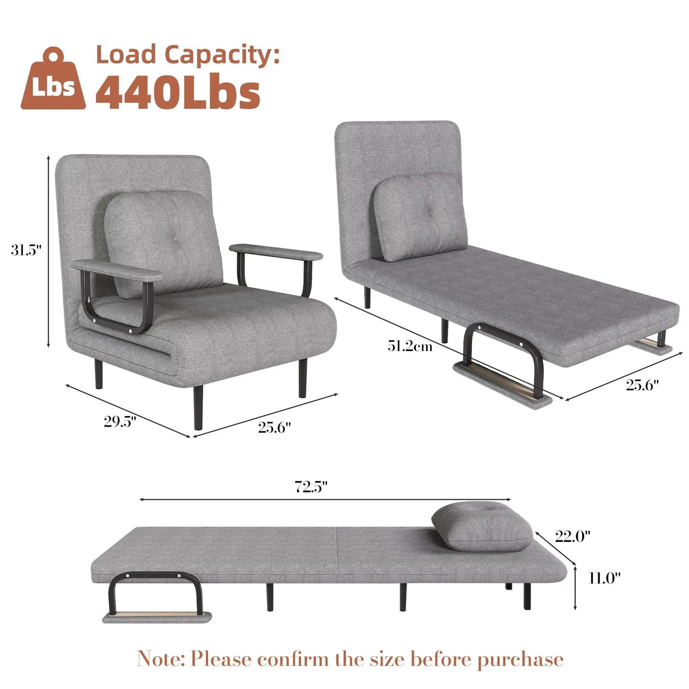3 In 1 Convertible Folding Sofa Bed With Adjustable Backrest And Pillow by Unique Piece Furniture
