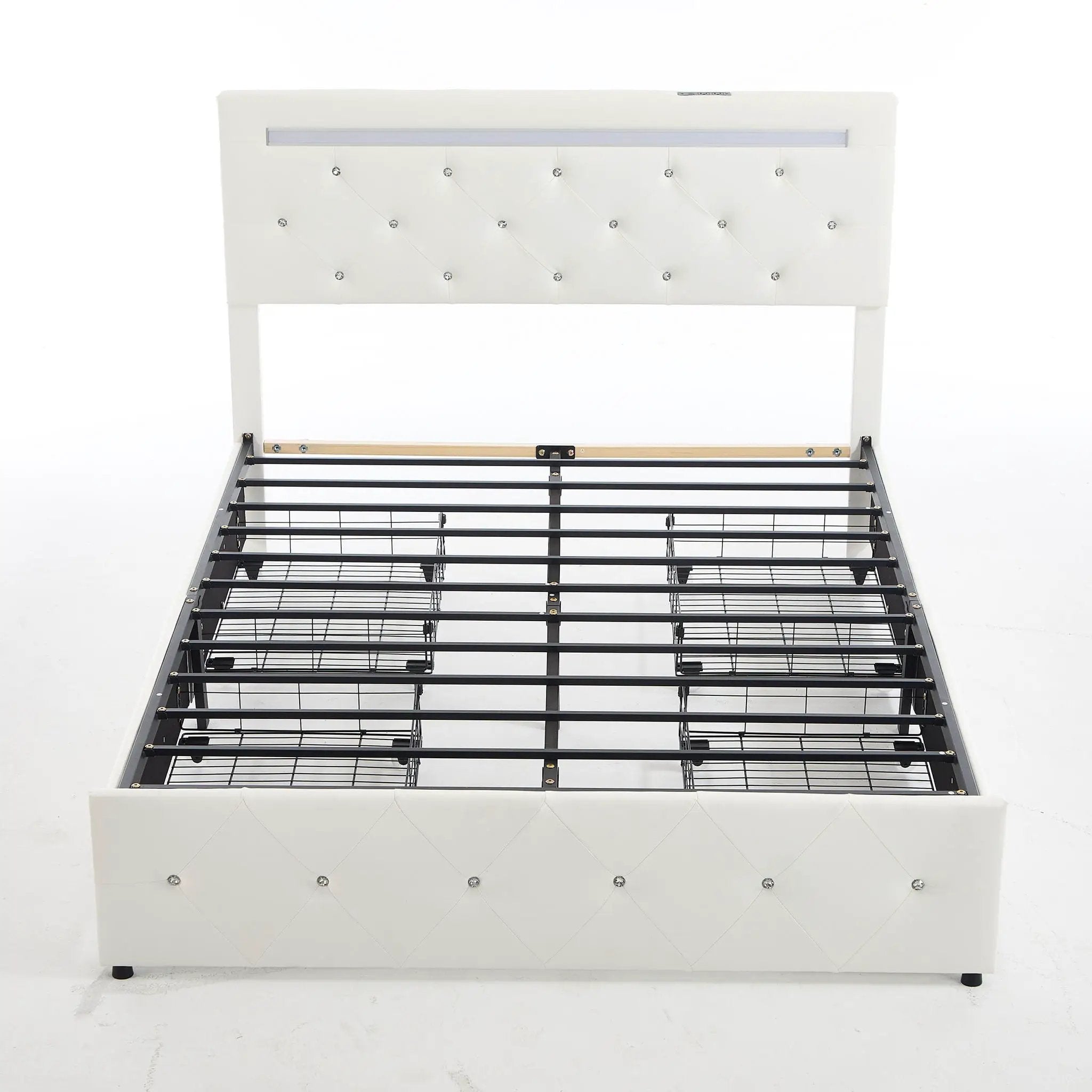 Upholstered Bed Frame With LED Lights, 4 Storage Drawers, Charging Station by HouseOfZazla