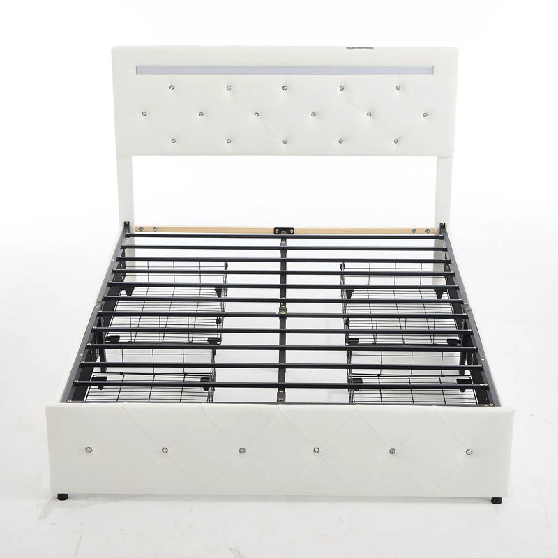 Upholstered Bed Frame With LED Lights, 4 Storage Drawers, Charging Station by HouseOfZazla