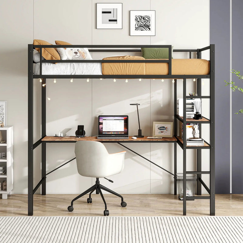 Space Saving Twin Size Loft Bed With L Shaped Desk, Shelves, Charging Station, Led Lights - Brown by HouseOfZazla